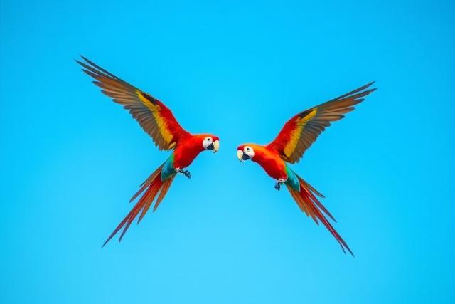 Macaw parrots flying in formation